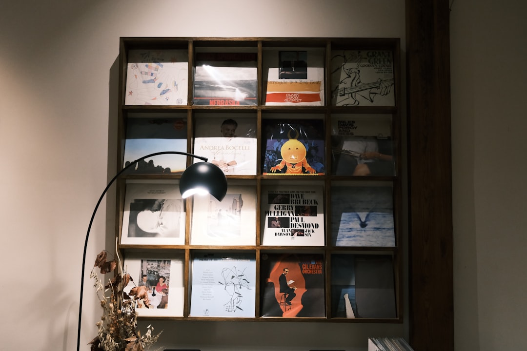 A wooden shelf lined with vinyl records and a warm glowing lamp