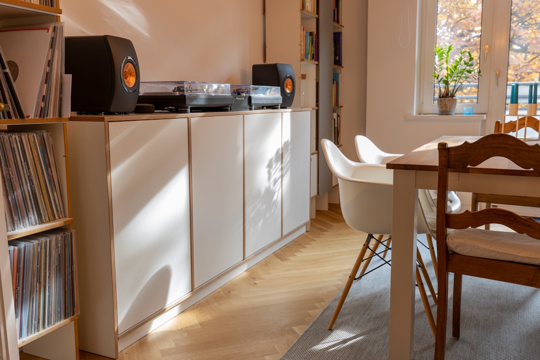 Living room sideboard used as a vintage audio system base with speakers